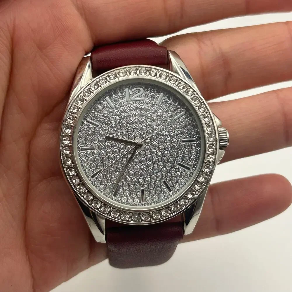 Women’s Silver-tone Dazzling Rhinestone Encrusted Dial Brown Leather Watch